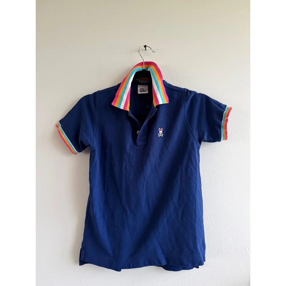 Psycho Bunny Kids Navy Blue Rainbow Striped Collar Polo Shirt Size M 10/12